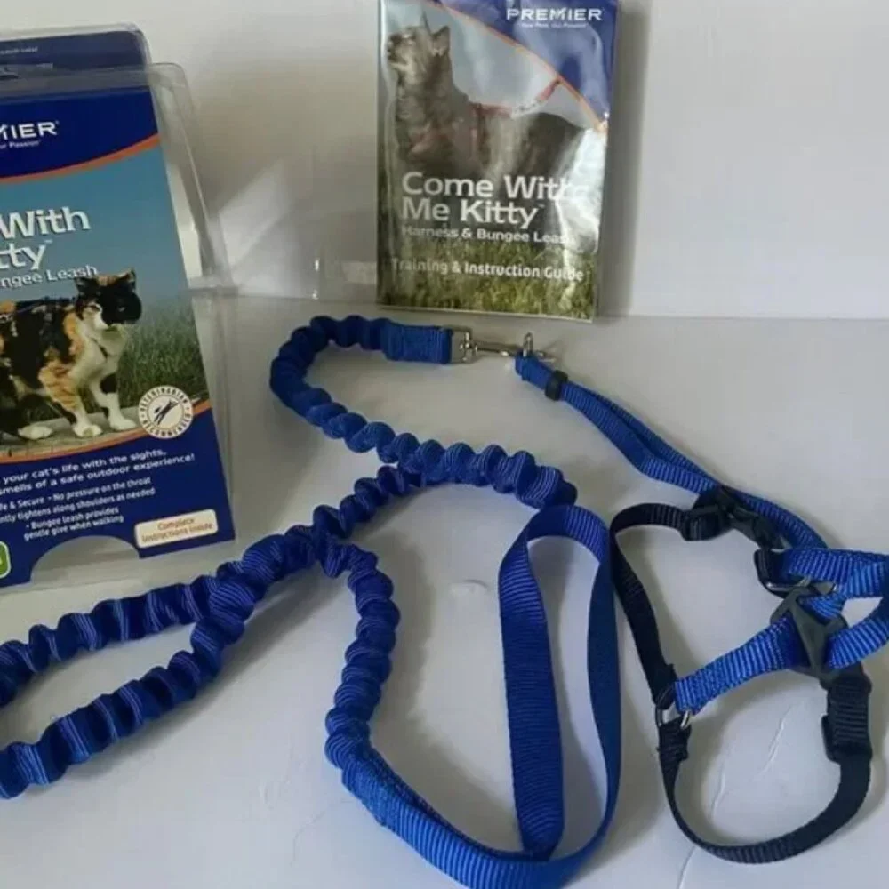 vintage Come With Me Kitty Cat Harness & Bungee Leash Medium Blue Outdoor Walk